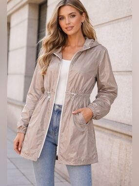 Bershka  casual  Classic Taupe Hooded Drawstring Jacket XS